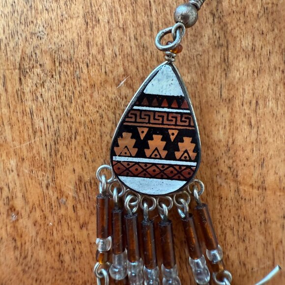 Native American Style Beaded Brown, Black, Cream, Peachy Orange Beaded Earrings - Picture 4 of 5